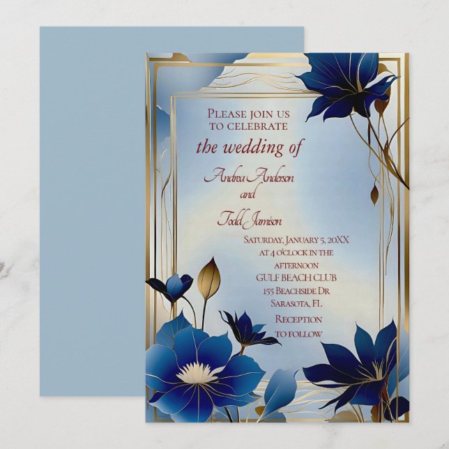 Convites Casamento de flores azuis (Frente/Verso)