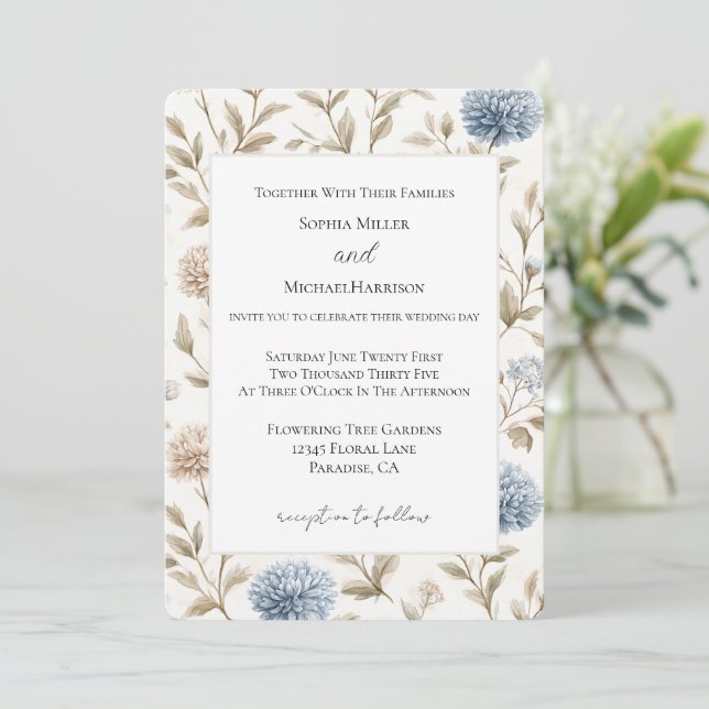 Convites Casamento de Flores Azuis Creme Lindas (Em pé/Frente)