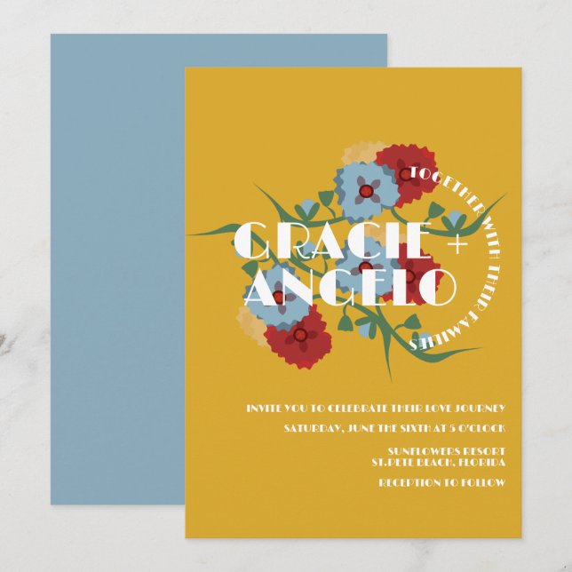 Convites Casamento de Flores Azuis de Mostarda Mexicana (Frente/Verso)
