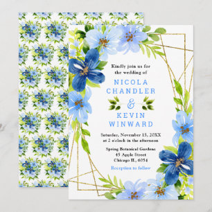 Convites Casamento de Flores Azuis e Navy com Folhagem