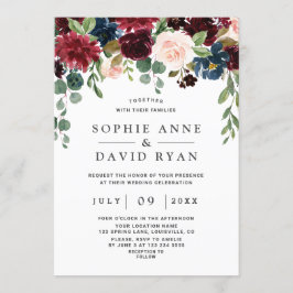 Convites Casamento de Flores Azuis Elegante Burgundy