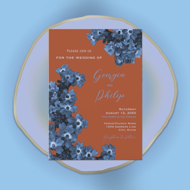 Convites Casamento de Flores Azuis Elegantes Terracotta e D (Criador carregado)