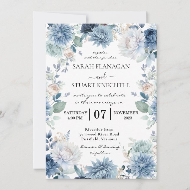 Convites Casamento de flores azuis empoeiradas Elegante Wat (Frente)