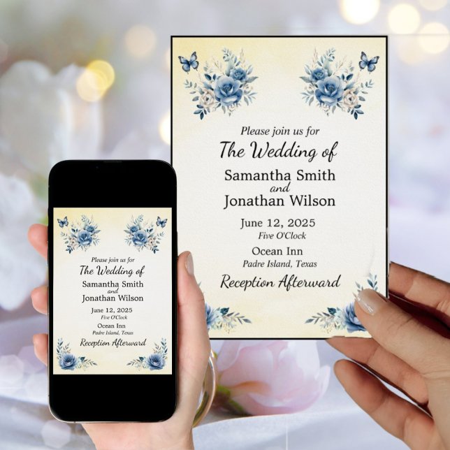 Convites Casamento de Flores Azuis Modernas e Borboletas (Criador carregado)
