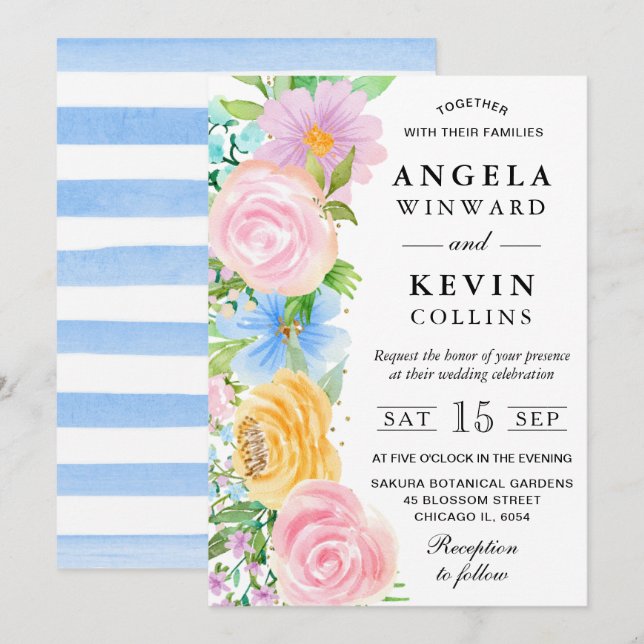 Convites Casamento de Flores Boho Rosa Amarelo e Azul (Frente/Verso)