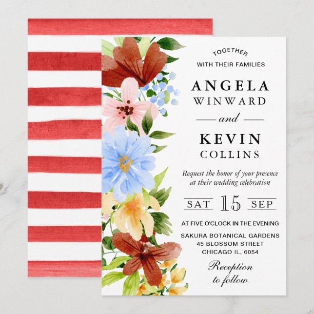 Convites Casamento de Flores Boho Vermelho Amarelo e Azul (Frente/Verso)