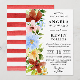 Convites Casamento de Flores Boho Vermelho Amarelo e Azul