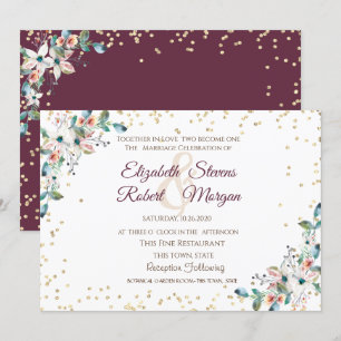 Convites Casamento de Flores Bordô Diamantes Dourados