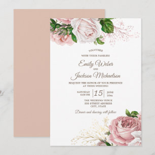 Convites Casamento de Flores Botânicas Rosa Vintage em Bran