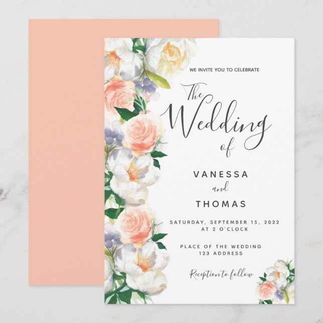 Convites Casamento de flores brancas de cor aquática (Frente/Verso)