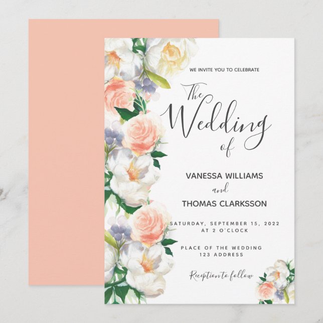 Convites Casamento de flores brancas de cor aquática (Frente/Verso)