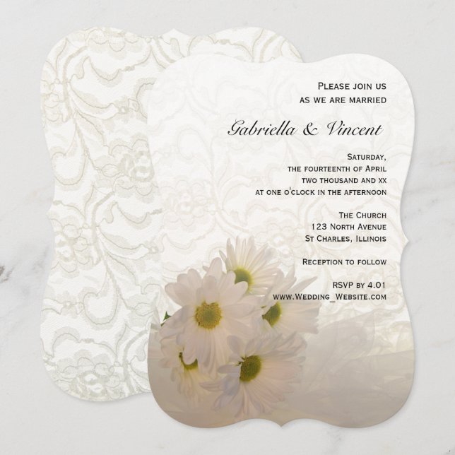 Convites Casamento de Flores Brancas e Daisy (Frente/Verso)