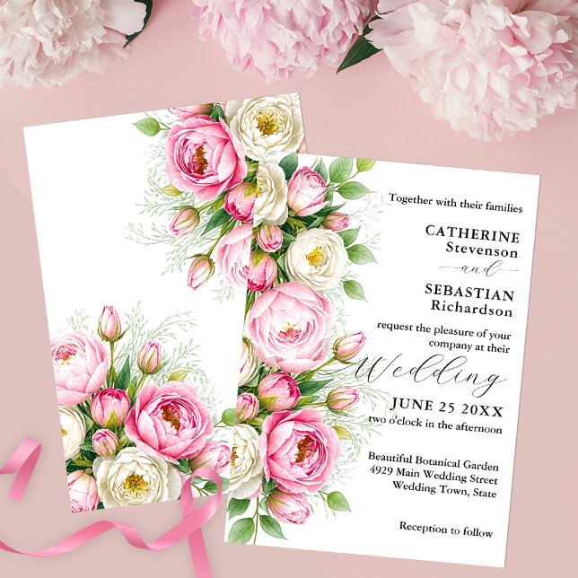 Convites Casamento de Flores Brancas e Rosa Romântica (Criador carregado)