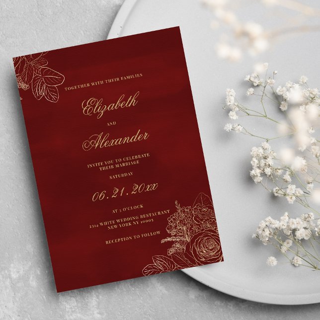 Convites Casamento de flores clássicas elegantes de ouro bu (Classic elegant burgundy gold foil flowers wedding)