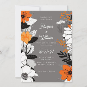 Convites Casamento de flores contemporâneas, preto, branco,