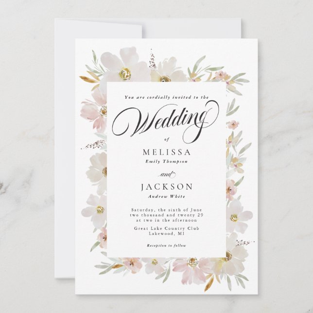 Convites Casamento de Flores de Água com Creme e Blush (Frente)