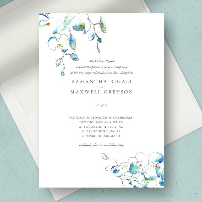 Convites Casamento de Flores de Água da Orquídea Azul (hand drawn wedding invitations features watercolor blue flowers with line art. )