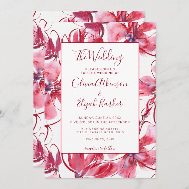 Convites Casamento de Flores de Água Vermelha (Frente/Verso)