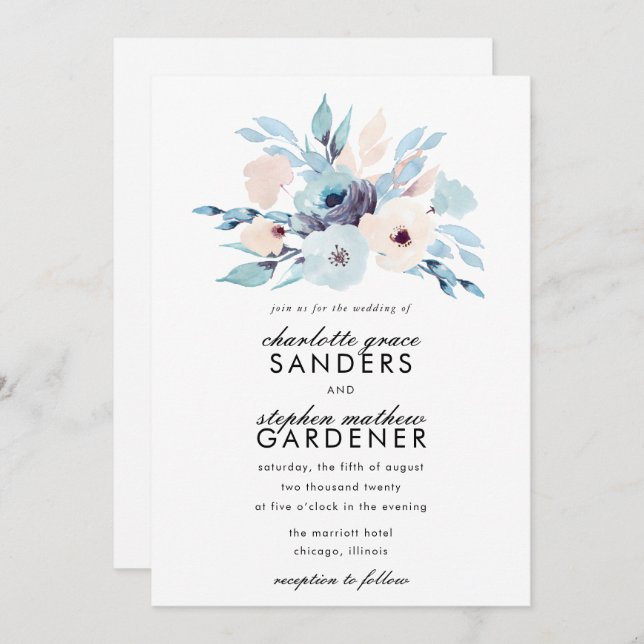 Convites Casamento de Flores de Aquarela Azul e Pêssego (Frente/Verso)