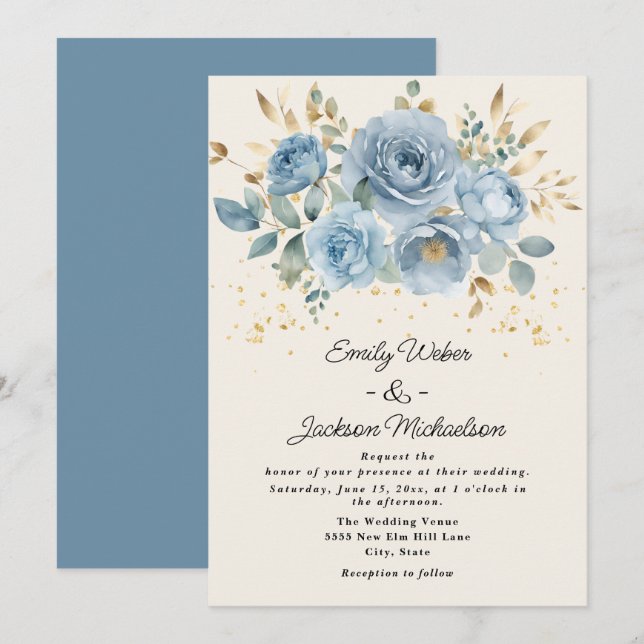 Convites Casamento de Flores de Aquarela Azul Empoeirado co (Frente/Verso)