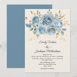 Convites Casamento de Flores de Aquarela Azul Empoeirado co