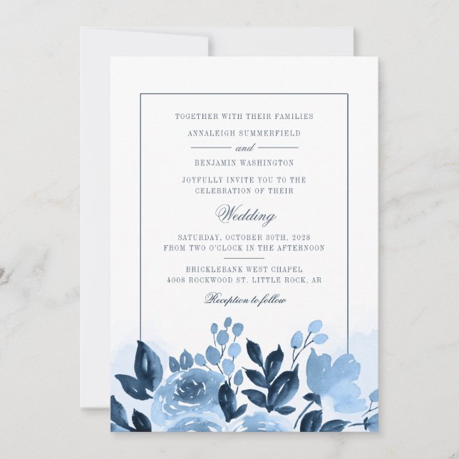 Convites Casamento de Flores de Aquarela Azul Floral Modern (Frente)