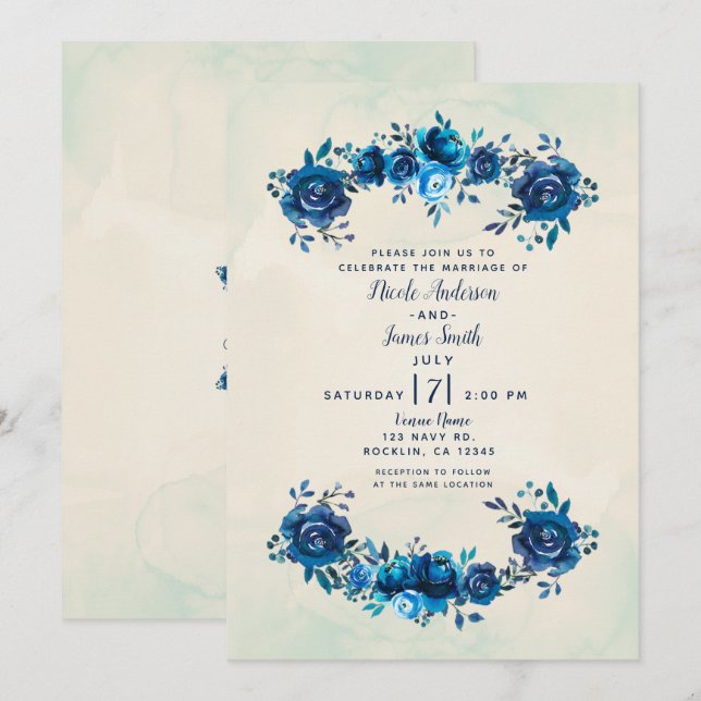 Convites Casamento de Flores de Aquarela Azul Índigo e Bege (Frente/Verso)