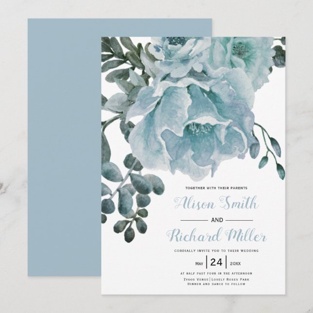 Convites Casamento de flores de aquarela azul-poeira (Frente/Verso)
