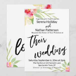 Convites Casamento de Flores de Aquarela com Manuscrito Cas