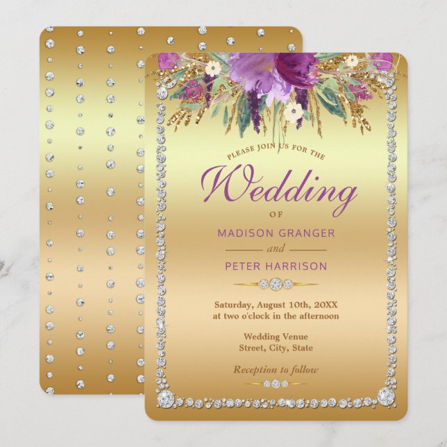 Convites Casamento de Flores de Aquarela Diamond Glitter (Frente/Verso)