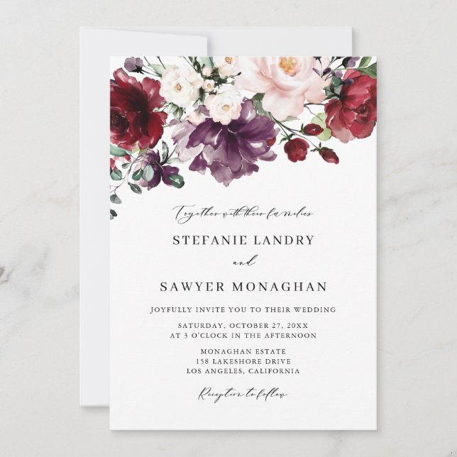 Convites Casamento de Flores de Aquarela Vermelhas e Roxas  (Frente)