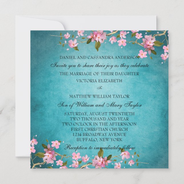 Convites Casamento de Flores de Cerejeira Japonesas Azul Tu (Frente)