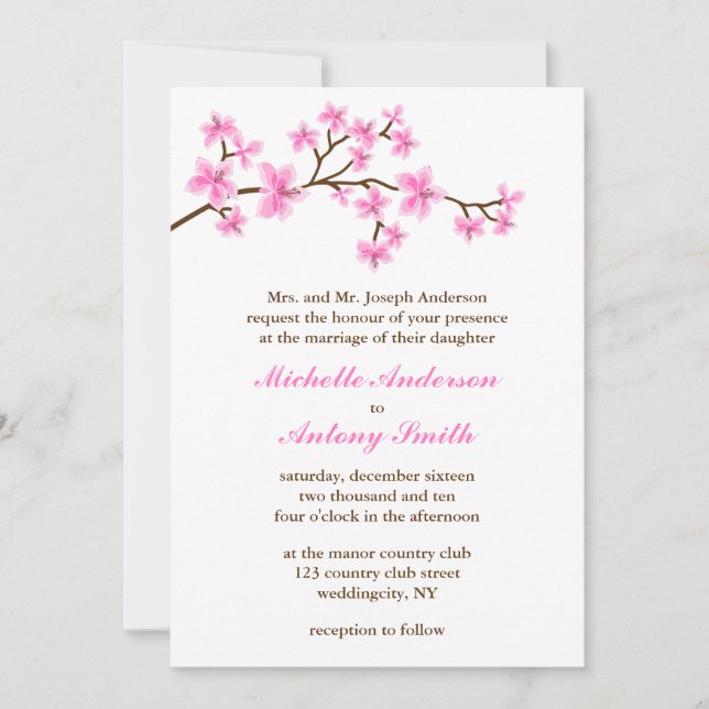 Convites Casamento de flores de cerejeira rosa (Frente)
