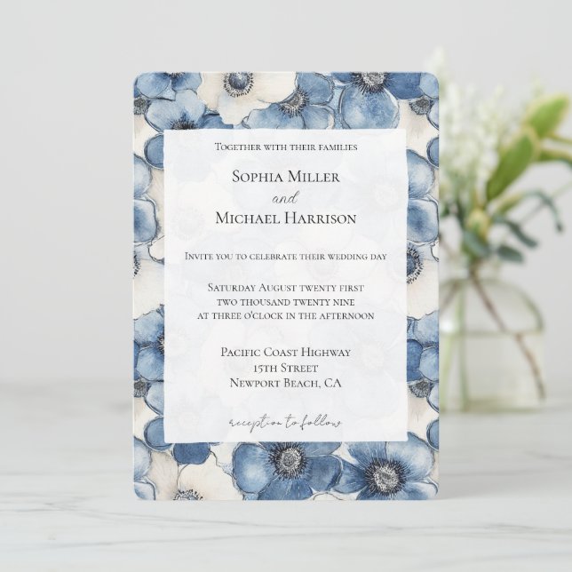 Convites Casamento de Flores de Denim Branco Azul (Em pé/Frente)