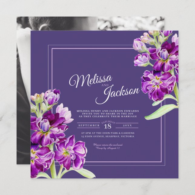 Convites Casamento de flores de estoque roxo (Frente/Verso)