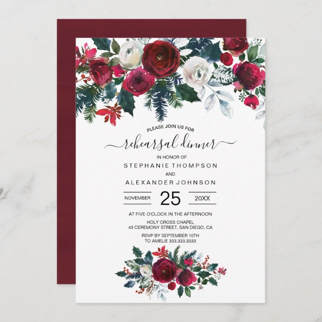 Convites Casamento de Flores de Inverno Burgundy Watercolor (Frente/Verso)