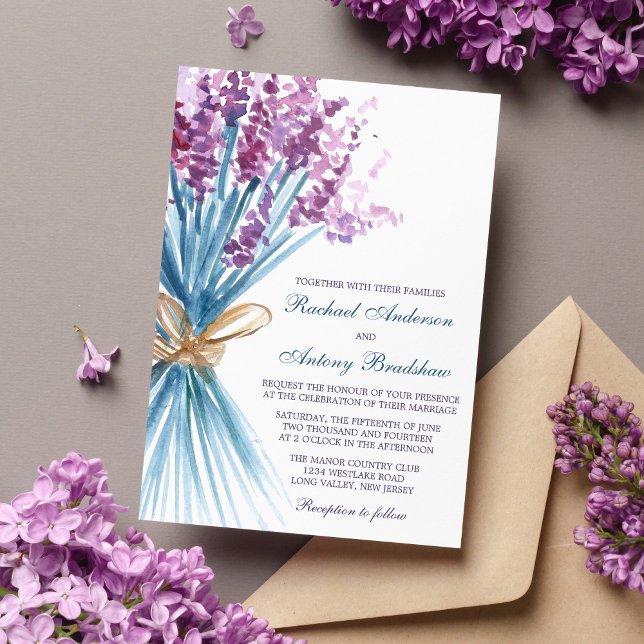 Convites Casamento de Flores de Lavanda de Aquarela (Criador carregado)