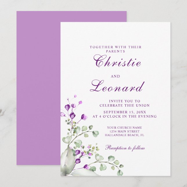Convites Casamento de Flores de Lavander Roxo Elegante (Frente/Verso)