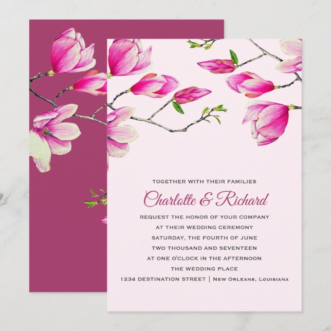 Convites Casamento de Flores de Magnólia Rosa Elegante (Frente/Verso)