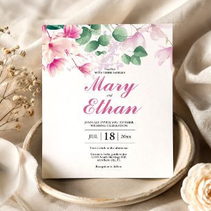 Convites Casamento de Flores de Magnólia Rosa em Aquarela