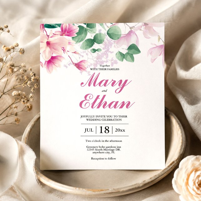 Convites Casamento de Flores de Magnólia Rosa em Aquarela (Pink Magnolia Watercolor Flowers Wedding Invitation, Floral Invitation, Save the Date Card)