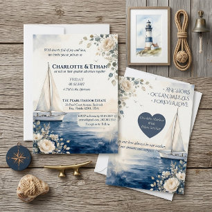Convites Casamento de Flores de Marfim e Barco à Vela Azul