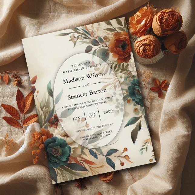Convites Casamento de Flores de Outono em Laranja Queimada  (Criador carregado)
