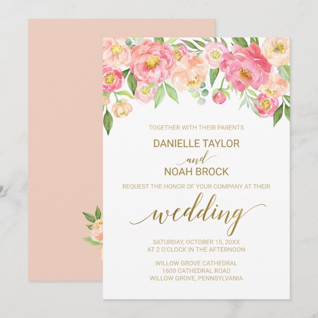 Convites Casamento de Flores de Pênia Pêssega e Rosa (Frente/Verso)
