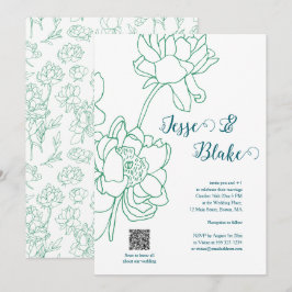 Convites Casamento de Flores de Peônias Desenhadas em Mão V