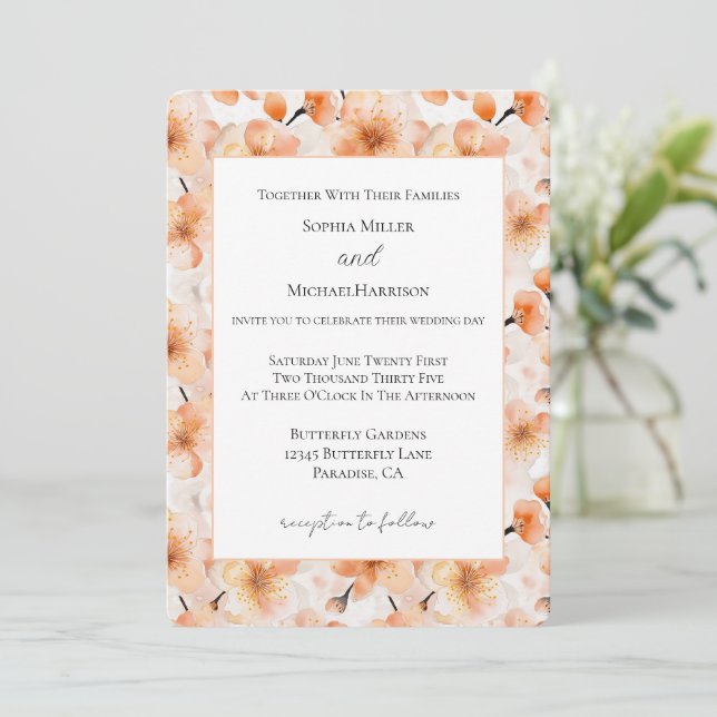 Convites Casamento de Flores de Pêssego Bege Encantador (Em pé/Frente)