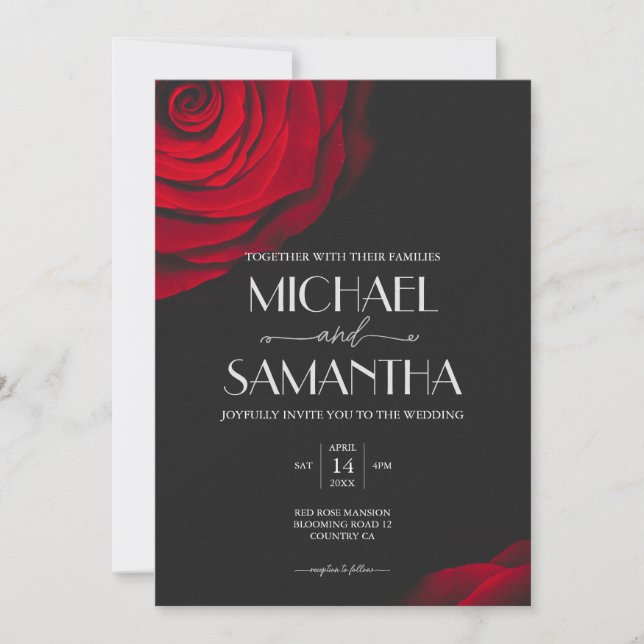 Convites Casamento de flores de pétalas com rosa vermelha d (Frente)