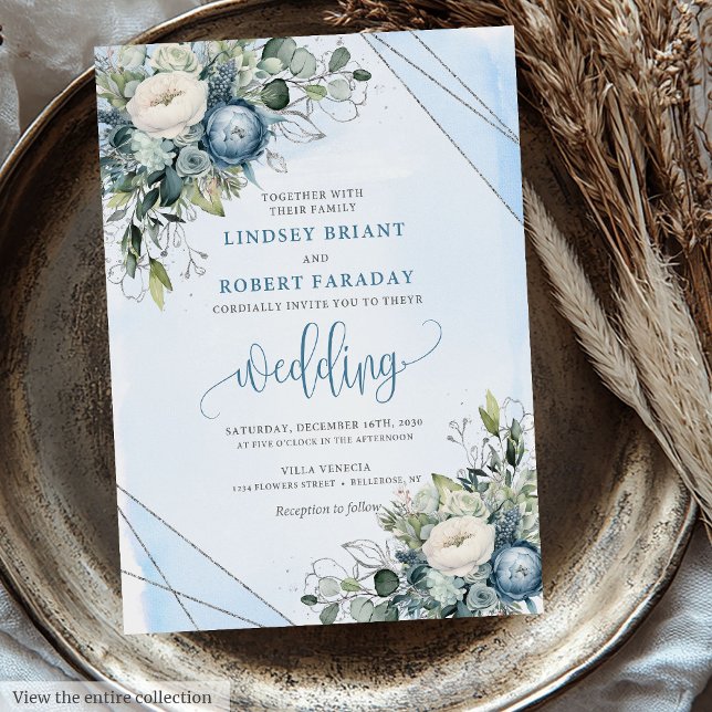 Convites Casamento de Flores de Prata Azul Elegante Boho Du (Elegant Boho Dusty Blue Silver Flowers Wedding Invitation)