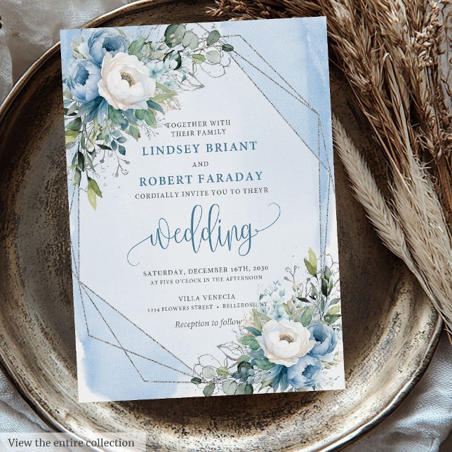 Convites Casamento de Flores de Prata Branca e Azul Encharc (Charming Dusty Blue White Silver Flowers Wedding Invitation)