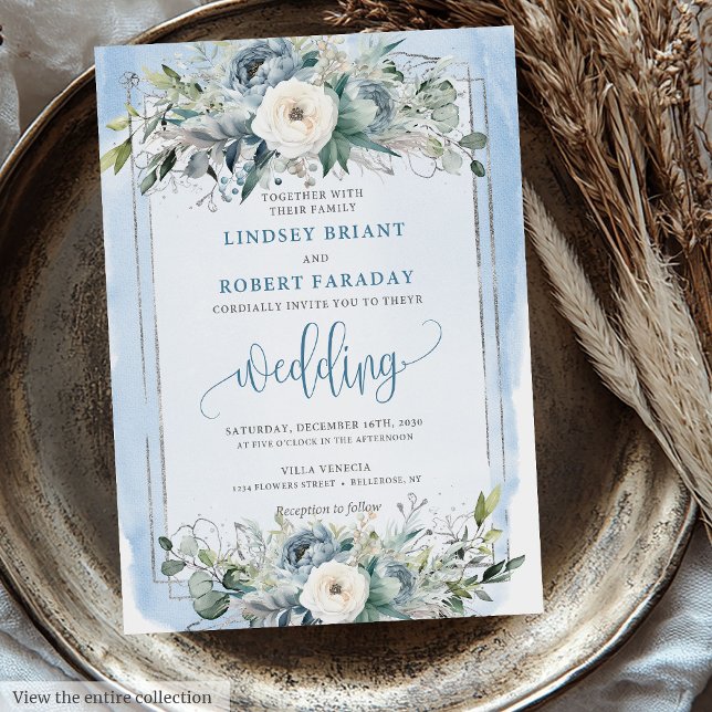 Convites Casamento de Flores de Prata Branca na moda Pastel (Stylish Pastel Blue White Silver Flowers Wedding Invitation)
